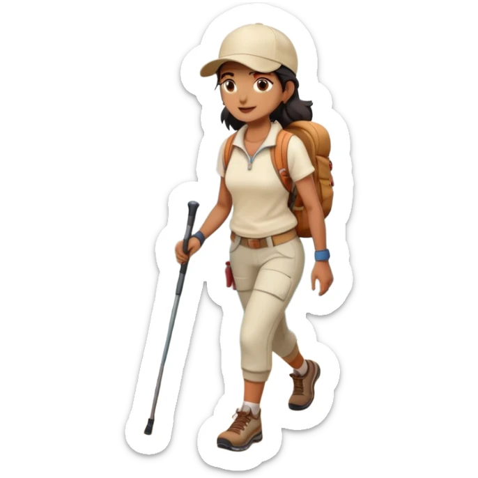 Full body indian woman hiking on mountain trail cream clothes baseball cap sticker