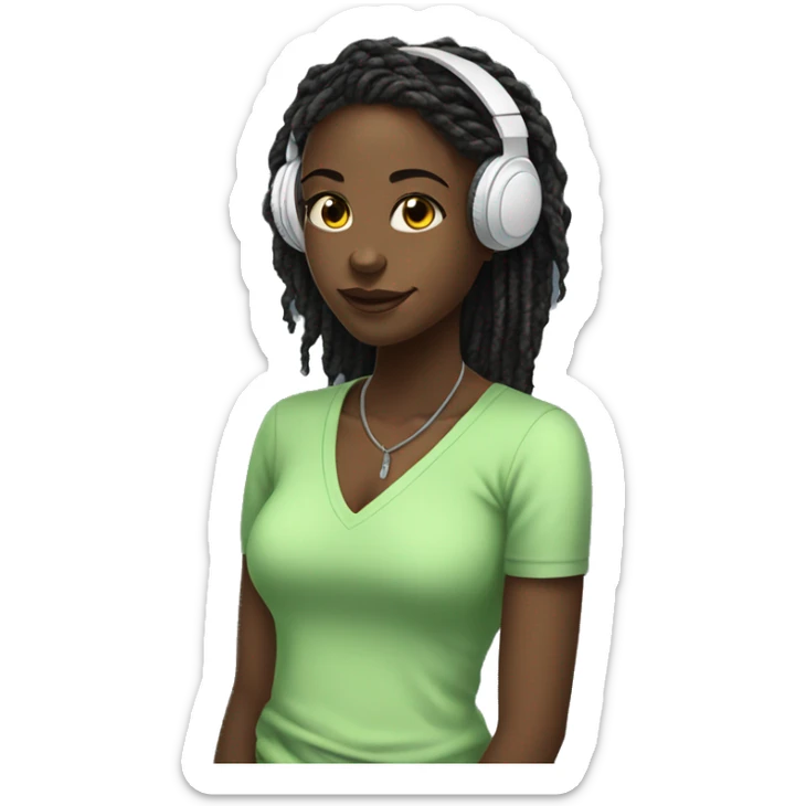 African girl. Black long twists. Wearing white headphones. Listening to music. Wearing a light green v neck top. sticker