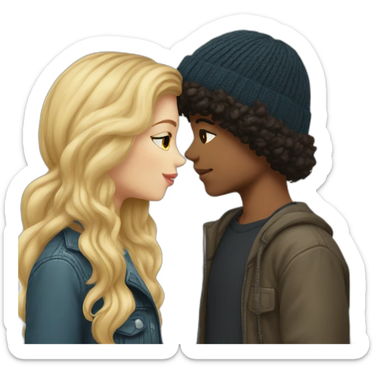 a girl with blond hair in a beanie kissing a boy with dark curly hair sticker