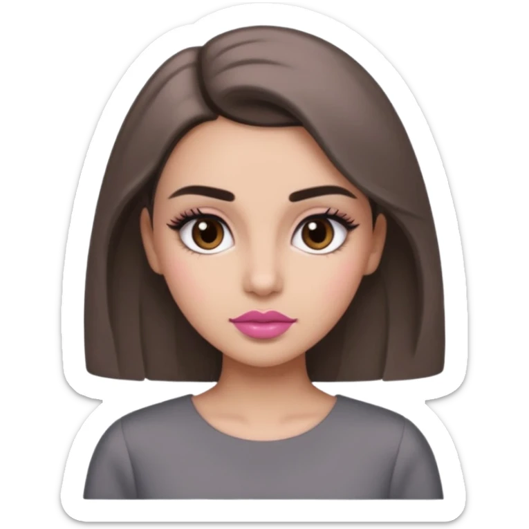 Hidjab girl that is wearing gray dress, and her brow is thick so her eyelash is tall and rumol is pink sticker