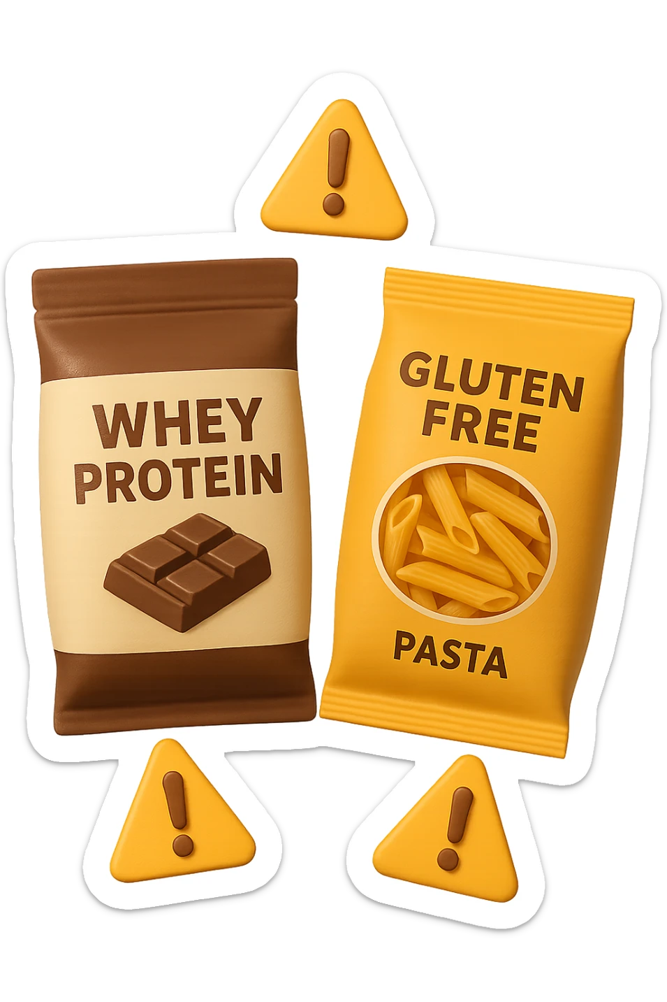 SU QUESTO STILE FAI UN EMOJI STILE IPHONE 3D DI UN pacco di whey protein e un pacco di pasta senza glutine che fluttuano in aria insieme a segnali di pericolo in 3d, FALLO MOLTO REALISTICO IN 3D sticker