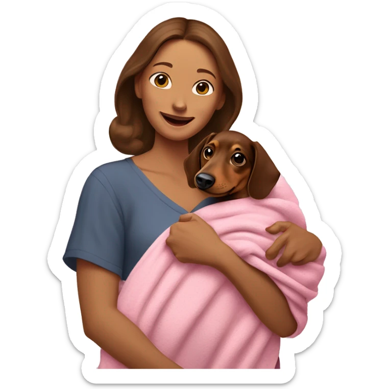 a woman with brown hair is cradling her puppy in a pink baby blanket. the puppy is a brown dachshund dog. the woman is smiling with mouth ajar. you can see the woman cradling the puppy like a baby from her waist up.  sticker