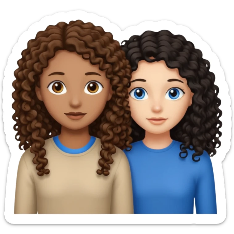 Two best friends .bestie 1: beige skin with brown long hair and blue eye. Bestie 2:mixed race skin with curly black hair and brown eye sticker