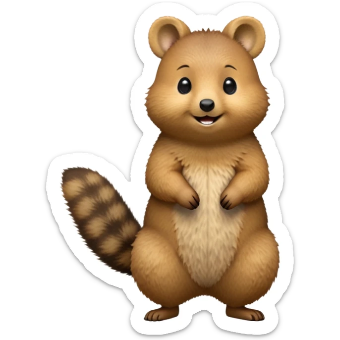 cinematic-quokka-realistic-full-body-standing on its hind legs hunched over-emoji,-small-round-frame-balanced-on-tiny-strong-hind-legs,giant fluffy cheeks large smile-fluffy-brown-fur-radiating-a-warm-softness skinny tail, ,-big-round-eyes-filled-with-joy-and-innocence,-tiny-clawed-paws-held-close-to-chest,-cheerful-smile-exuding-endearing-happiness,-simplified-yet-realistic-focused-features,-highly-detailed,-glowing-with-a-sunny-warmth, expressive eyes  sticker