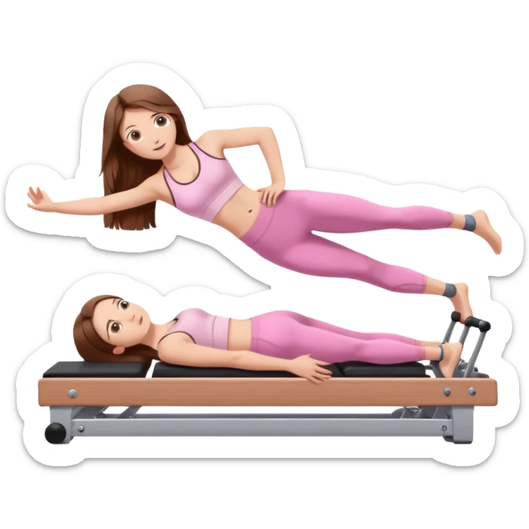 pretty white teen with hazel eyes and long brown hair and a small waist in light pink workout clothes in a plank on a pilates reformer sticker