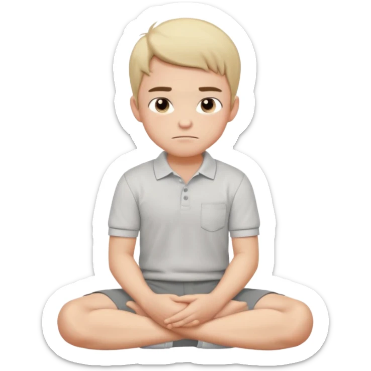 Cartoon boy sitting cross-legged, his fist pressed to his cheek, wearing a white polo and gray pants. He has a smug smirk, eyes looking forward. Clean lines, flat colors, solid black background, vector art, character sheet style. sticker