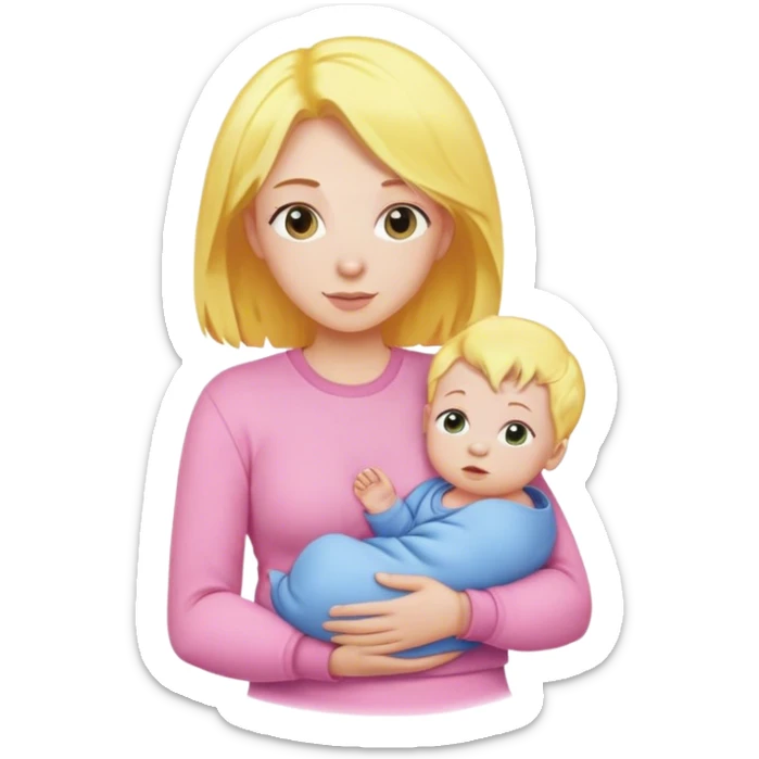 Mother with yellow hair and pink clothes, holding baby in blue clothes sticker