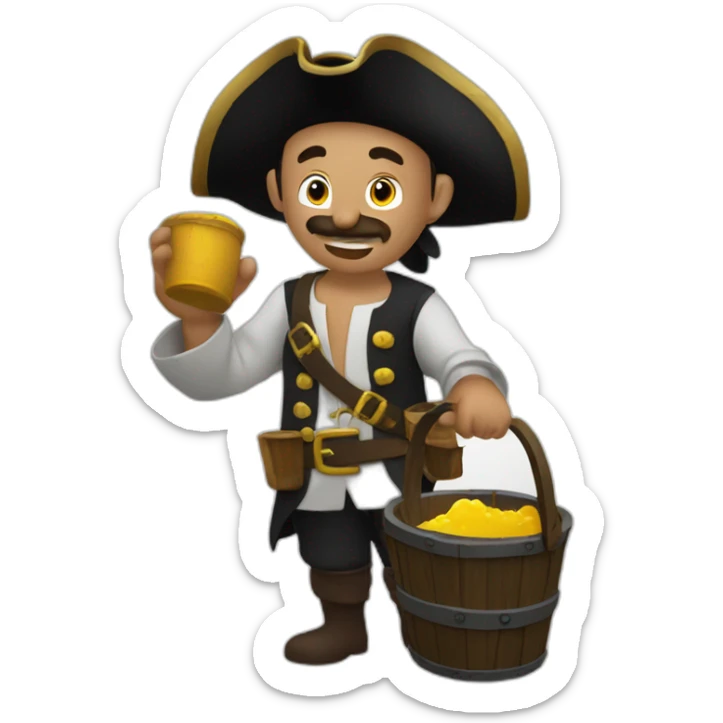 A pirate with an old wooden bucket in his hands. He is sending the water that is in the bucket away. sticker