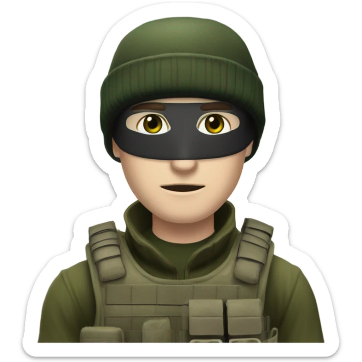 white male, pale skin, call of duty dark mask, green camo tactical gear, combat boots, black beanie, hazel eyes sticker