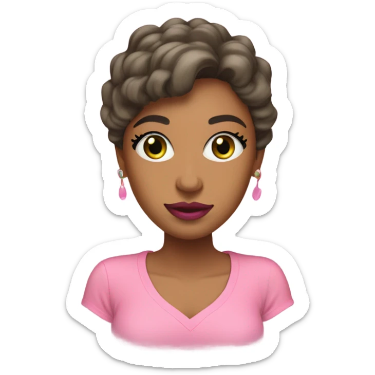 Light brown woman with pink lipstick, eyelashes, slanted eyes, wearing pink t-shirt with green trim sticker