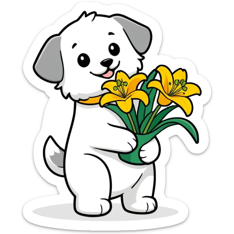 An illustration of a happy maltese doggy carrying a bunch of yellow tiger lillies. sticker