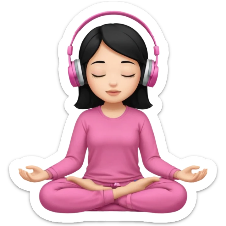 Chica de pelo negros con los ojos cerrados escuchando musica en audifonos y con camisa rosa mientras medita sticker