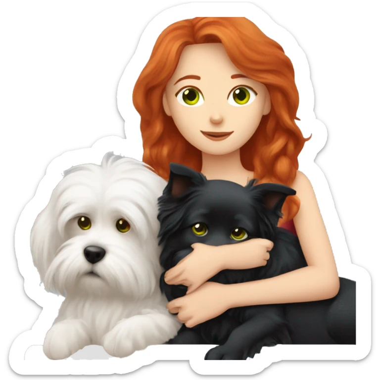 red-haired girl with green eyes, sleep with a maltese black dog sticker