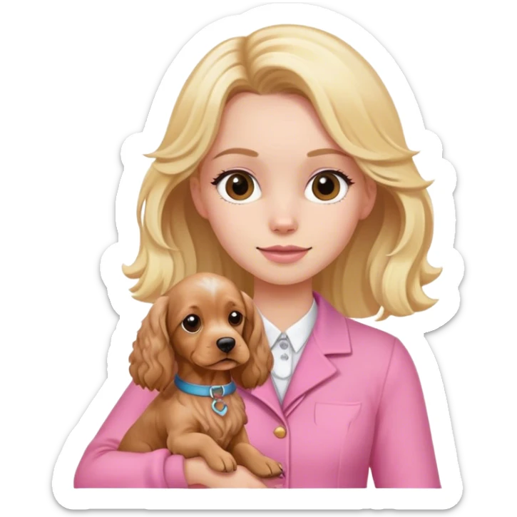 The blond girl with a pink outfit with a cocker spaniel dog in her brazos sticker