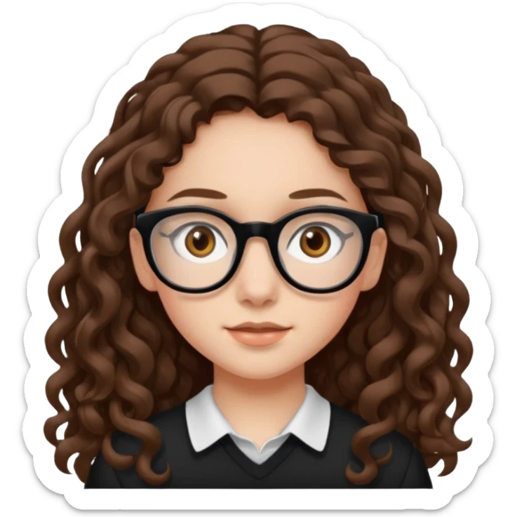 white teen girl with long brown curls, hazel eyes, and black frame glasses sticker
