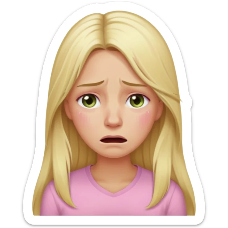 blonde with long hair and swamp-colored eyes, wearing a pastel pink shirt, crying, iOS Apple emoji style sticker