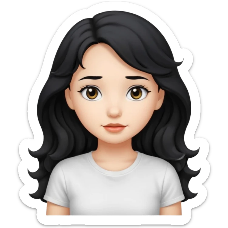 Cute beautiful girl,Black hair,wavy long hair, Black eyes, white T-shirt sticker