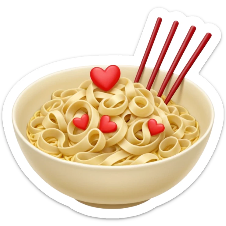loose tangle of pale yellow cooked noodles with soft glossy texture and natural curves, strands slightly twisted and overlapping, freshly prepared dish, no bowl chopsticks or sauce, soft lighting, subtle shadows, emoji scale, make the noodles heartshaped and add tiny red hearts on the noodles sticker