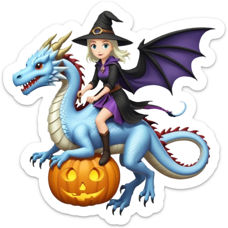 Big white dragon flying with a witchy female rider on top of it sticker