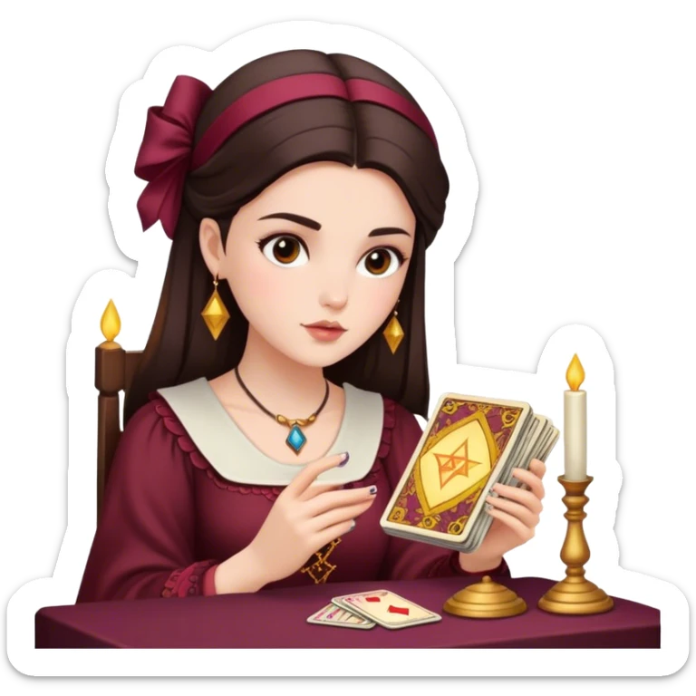 a brunette girl with a square hairstyle, reading tarot cards Burgundy sticker