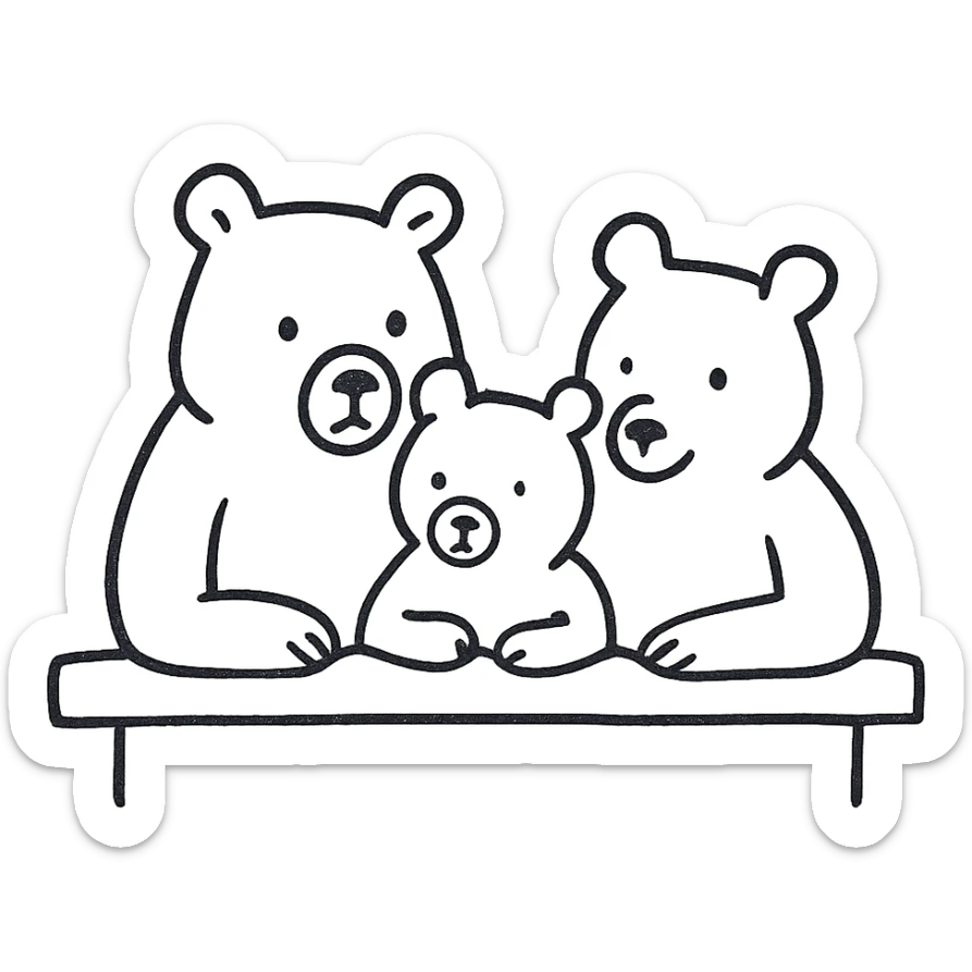 cute line drawing for coloring: a family of bears sitting together at a bar table, simple line style, no fill, for children to color sticker