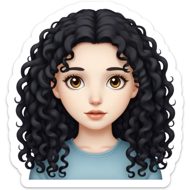 Beautiful girl, long black hair, curly hair, deep brown eyes, pale skin sticker
