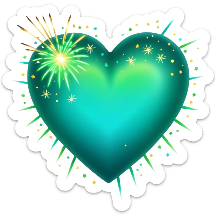emoji: teal and neon green gradient heart with sparklers and firework confetti from behind. sticker