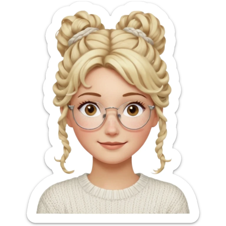 blonde hazel eyes woman with a white cable knit sweater and clear glasses on her head and a curly messy bun with tendrils of hair flowing down her face and she is happy pale, some freckles, blush. she has a cateye wing and long lashes sticker