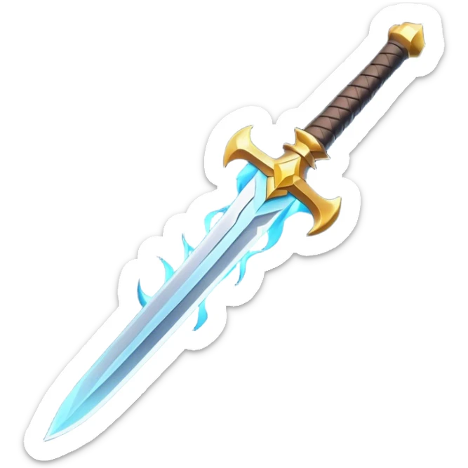 Clash of Clans aesthetic: Cinematic Playful 3D Isometric Sword Emoji, rendered in a 3D vector-style similar to standard emojis with minimal shading and bold, simplified shapes. A compact, distinct form with signature details, softly glowing with a fantasy RPG magic charm. Simplified yet unmistakably iconic, highly detailed and consistent, glowing with a soft radiance and high shine. Stylized with a touch of heroic grandeur and a soft glowing outline, capturing the essence of a beloved gaming relic with a friendly, playful manner! sticker