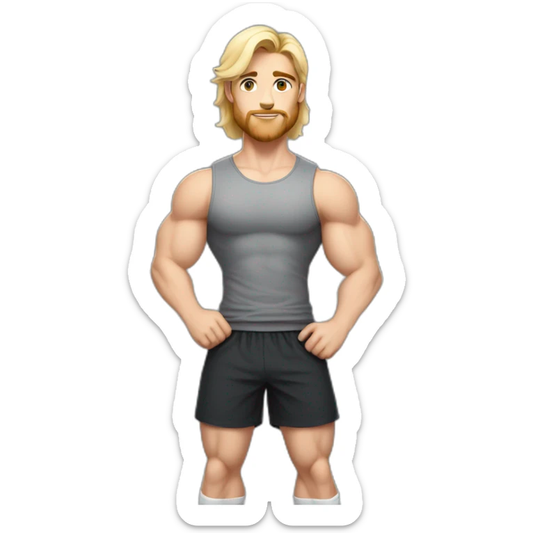 Full height Pale skinned fit man With Wide jaw, biceps and blonde hair In dark gray sleeveless mike, black oversize sports shorts, watch and white sneakers. his arms crossed over his chest sticker