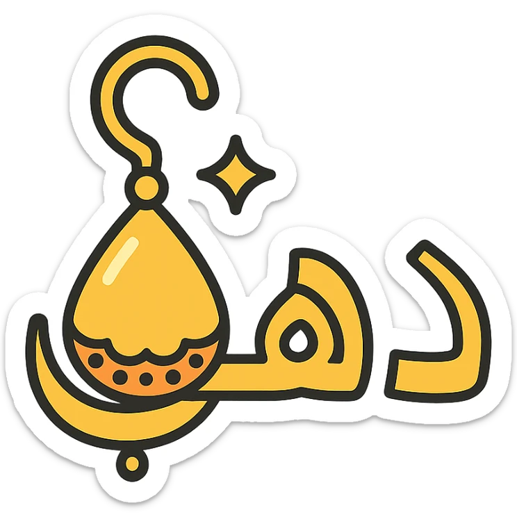 logo for jewelry website, Arabic word 'ذهب' in modern Arabic font, letter 'ه' shaped as a decorated golden earring, golden colors with shine, simple and elegant icon style, transparent background sticker