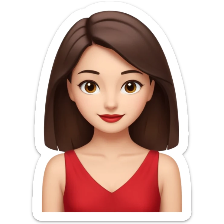 Cartoon emoji of a young brunette woman with fair-medium skin, brown eyes, wearing a red outfit. Full-height, standing confidently in a red dress  posing sexy with a smile and relaxed posture. Smooth, friendly, stylized, make up on, flirty eyes and smile in a sexy position touching hair sticker