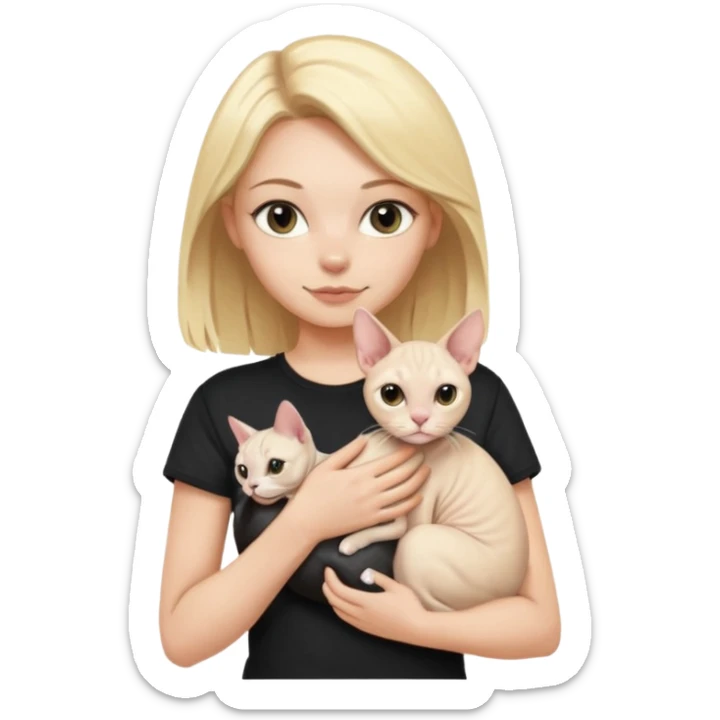 A white girl with blonde hair black T-shirt is holding a white Sphynx cat in her arms sticker