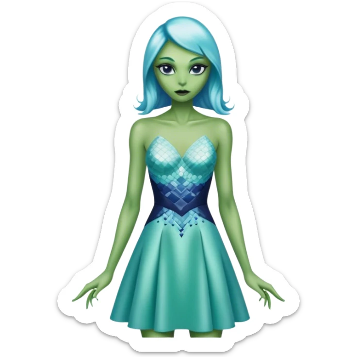 alien reptilian green skin woman, in short slim pastel blue formal party satin dress with gradient shiny sparkling navy blue diamonds embroidered  sticker
