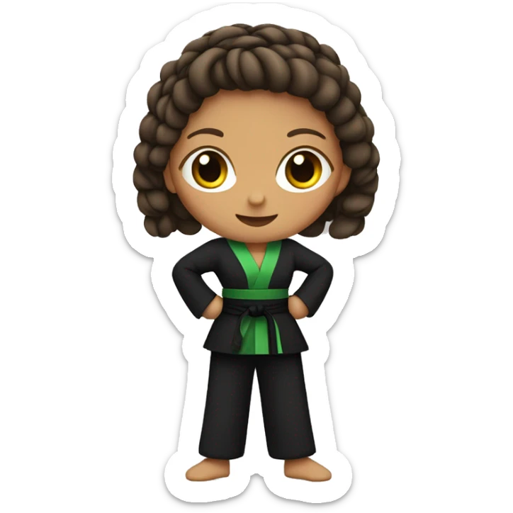 Girl with a wearing a black martial arts suit with a green belt and a brown braid sticker