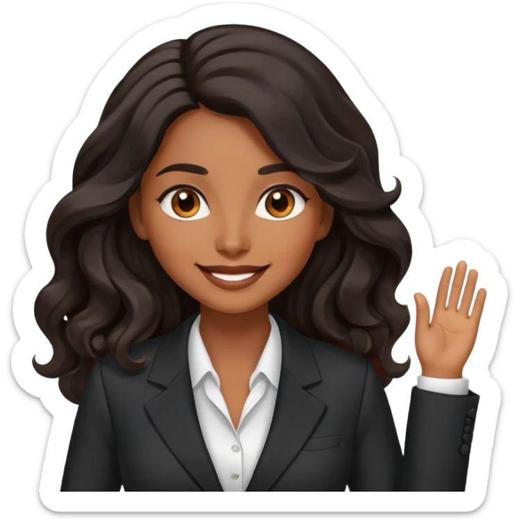 business woman with brown skin, brown eyes, long black wavy hair looking very happy, professional suit sticker