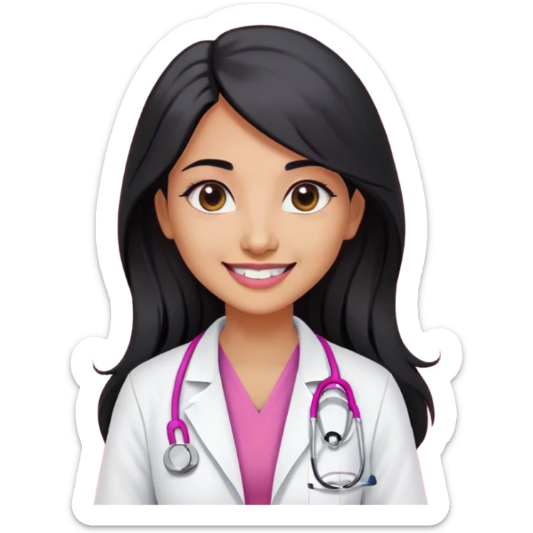 A indian female doctor with black long hair , doe eyes smiling without teeth , wearing white lab coat over dark pink scrubs and properly drawn stethoscope  sticker