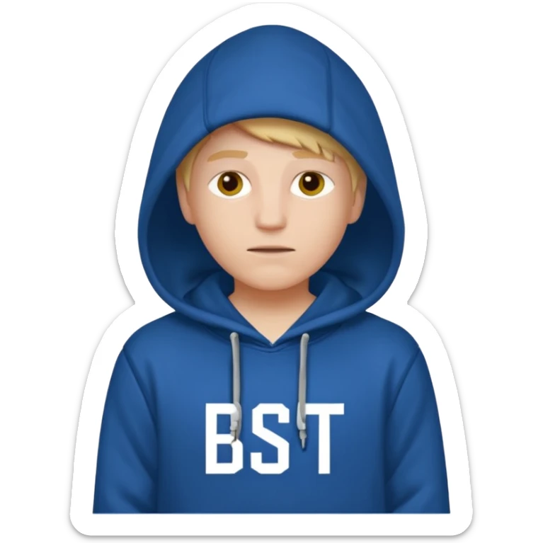 make an image of white person wearing hoodie with "BST" letters on it sticker