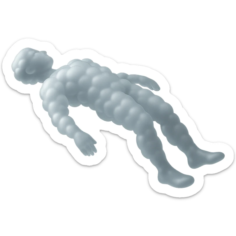 side view of unconscious person flying torso up, legs and arms down, made of small very bright white fluffy convex clouds, matte glass style sticker