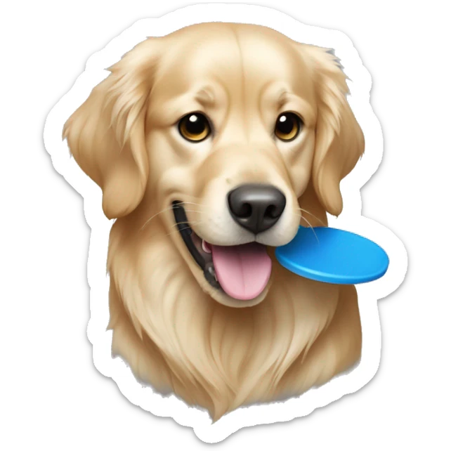 Golden retriever dog holding blue frisbee in mouth sticker