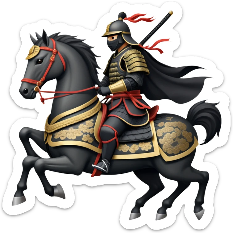 clash-of-clans-aesthetic_-cinematic-fearsome-and-majestic-samurai-bust-portrait-emoji, rendered in a flat, vector-style with minimal shading and bold, simplified shapes typical of emoji art, depicting a battle-hardened samurai with black mask and traditional black Japanese armor. The samurai is riding a noble grey warhorse adorned with an intricately designed saddle and fluttering banners and a rising sun. a zoomed in samurai riding on a  horse sticker