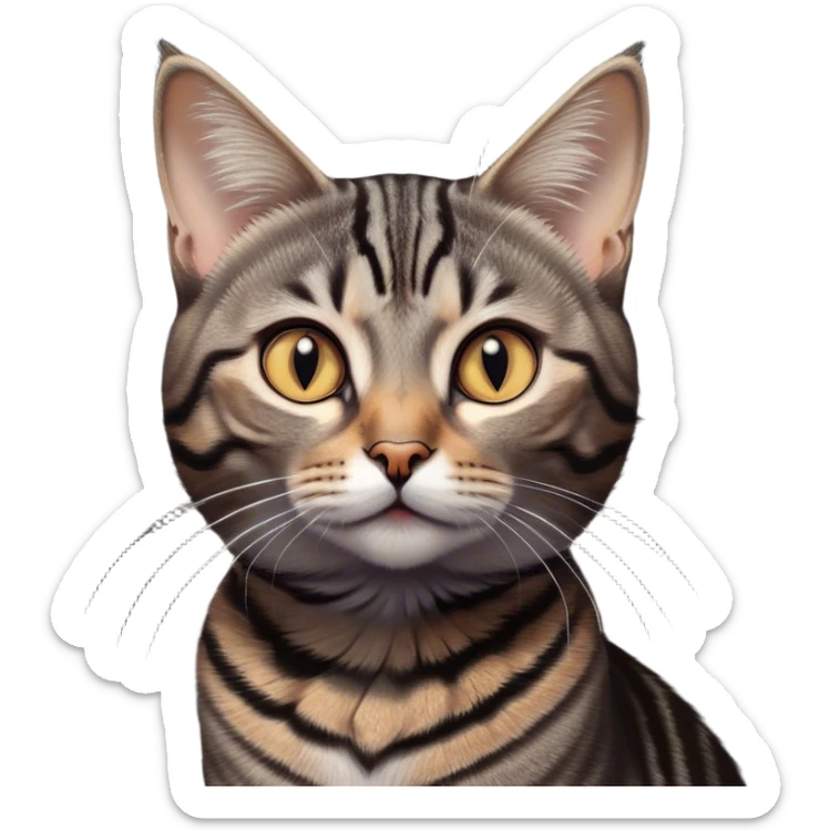 Cinematic Cute Grey and Black Brown Tabby Cat Portrait Emoji, Head tilted playfully and inquisitively, sleek grey-brown fur with bold black tabby stripes and a distinctive M-shaped marking on the forehead, sparkling amber eyes, Simplified yet irresistibly adorable features, highly detailed, glowing with a warm, friendly glow, high shine, affectionate and curious, stylized with a touch of whimsy, bright and endearing, soft glowing outline, capturing the essence of a mischievous yet loving kitten, so playful it feels like it could pounce out of the screen and into your arms! sticker