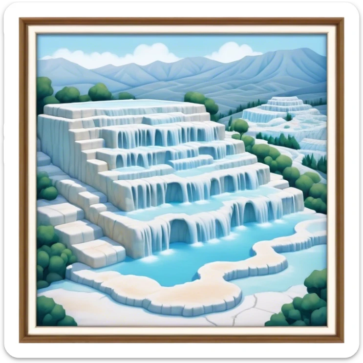 Cinematic Realistic Pamukkale Landmark Emoji, showcasing surreal cascading terraces of thermal waters rendered with ethereal textures and soft, luminous lighting. sticker