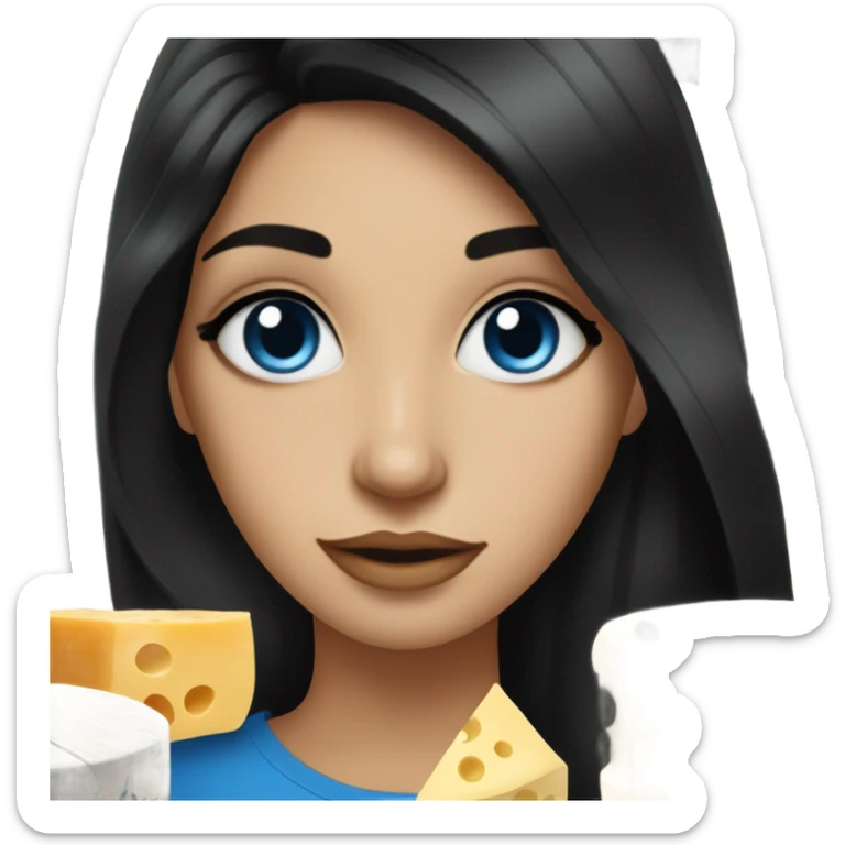 stunning blue eyed brunette girl with black hair surrounded by cheese sticker