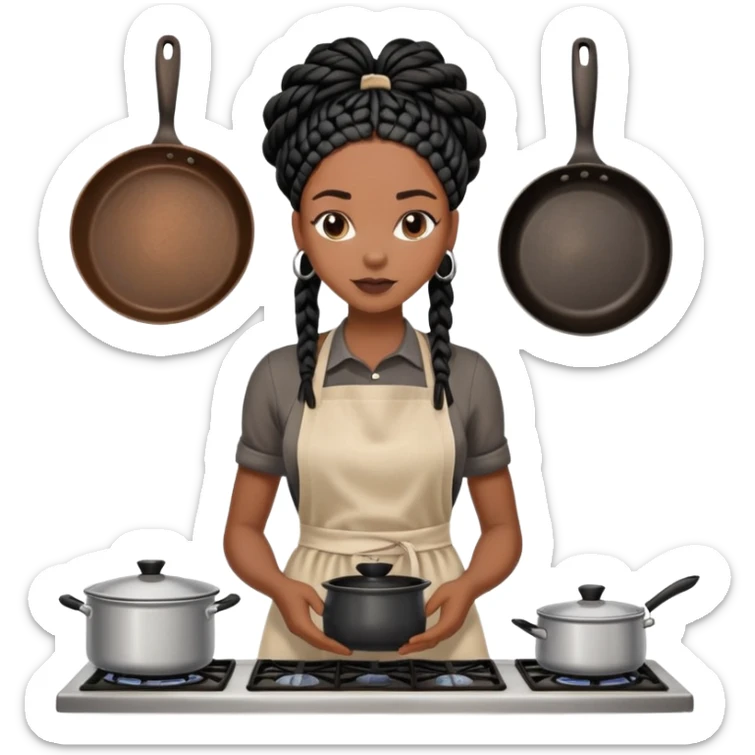 A dark-skinned Black woman with black box braids, wearing an apron, with a pot on the stove. sticker