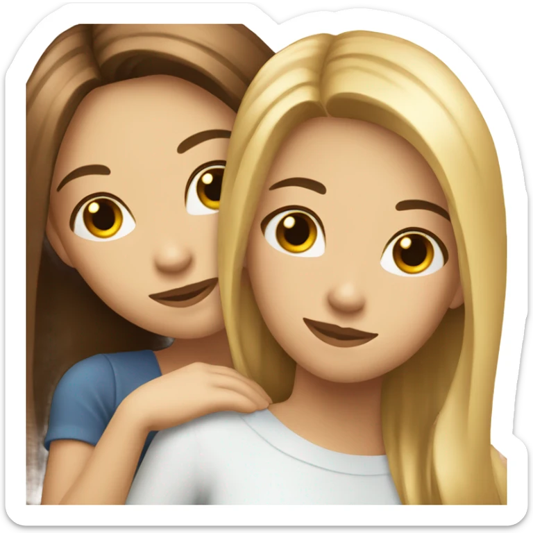 beautiful woman with long straight blonde hair hugging beautiful woman with long straight brown hair sticker