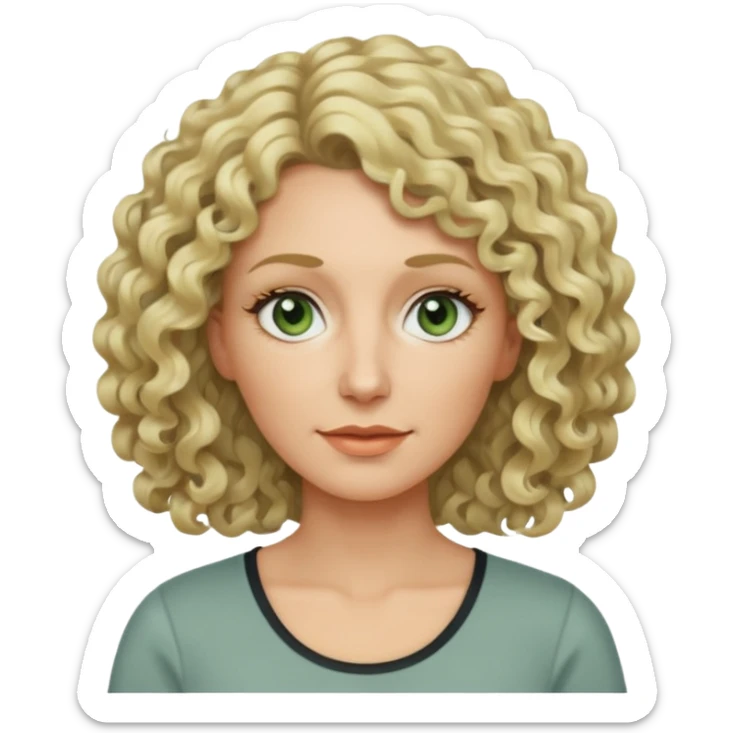 a woman in her late 40s and has greyish greenish eyes and blonde curly hair wearing a grafic top# sticker