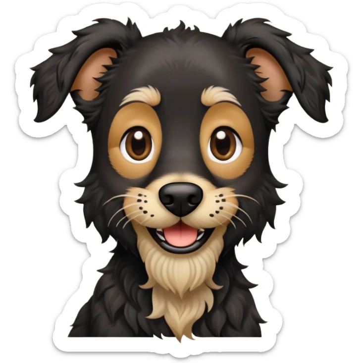 Tall, black, skinny dog with wiry wavy hair, and a beard and eyebrows smiling  sticker