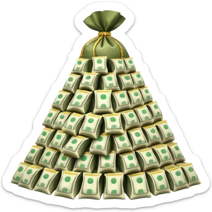 mountain of cash, with bags of money arount sticker