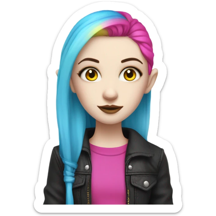 Blue eyed long eye lashes pale hime gyaru girl, hot pink and yellow split-dyed hair, nose ring, elf ears, dark makeup, punk clothes sticker